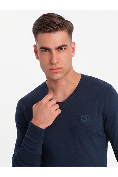 OMBRE Eleganter Herren BASIC V-Ausschnitt Pullover mit Viskose - Marineblau V2 OM-SWBS-0107 XL