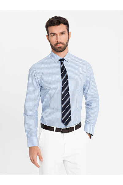 OMBRE Ανδρικό βαμβακερό πουκάμισο REGULAR FIT με κάθετες ρίγες - μπλε και άσπρο OM-SHOS-0155 XL