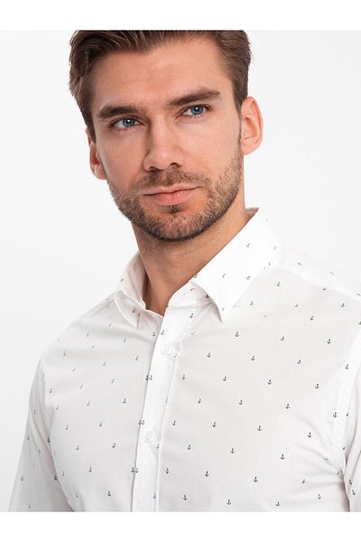 OMBRE Klassisches Herrenhemd aus Baumwolle SLIM FIT mit Ankern - weiß V3 OM-SHCS-0156 L