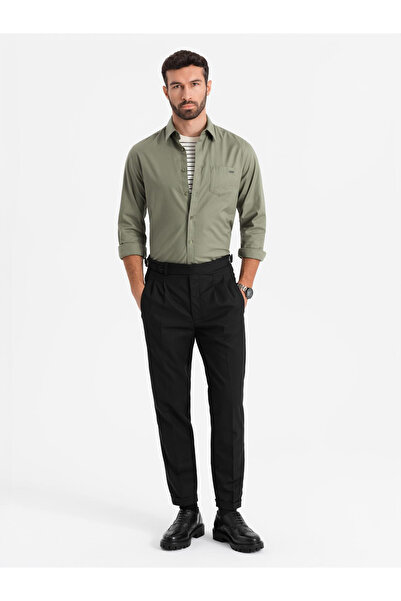 OMBRE Pánská bavlněná košile s kapsou REGULAR FIT - olivová V2 OM-SHCS-0147 XXL