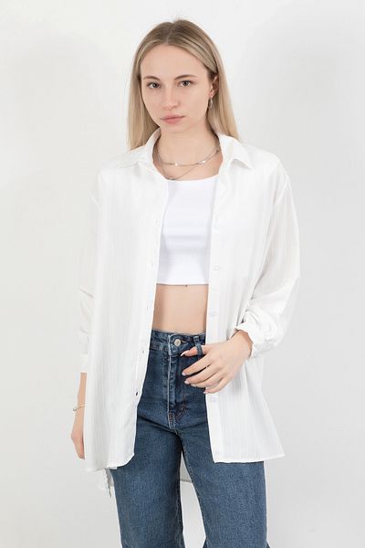GİYSA Cămașă de damă cu mânecă lungă în dungi albă - 25564