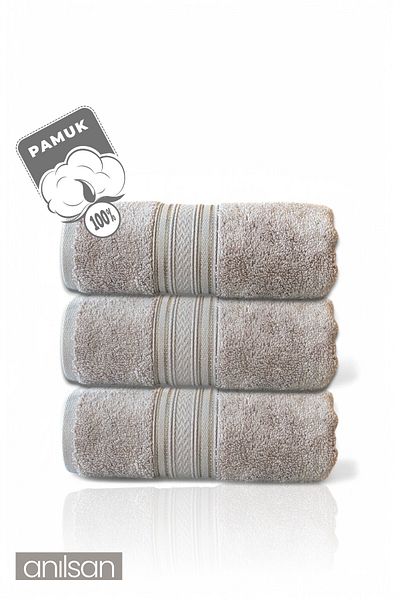 Anılsan 3-Piece Brown Super Soft Bordered Hand Towels - 50X90 Cm, 250 Gr, 100% Cotton, Spa and Hotel Towels