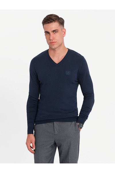 OMBRE Eleganter Herren BASIC V-Ausschnitt Pullover mit Viskose - Marineblau V2 OM-SWBS-0107 XL