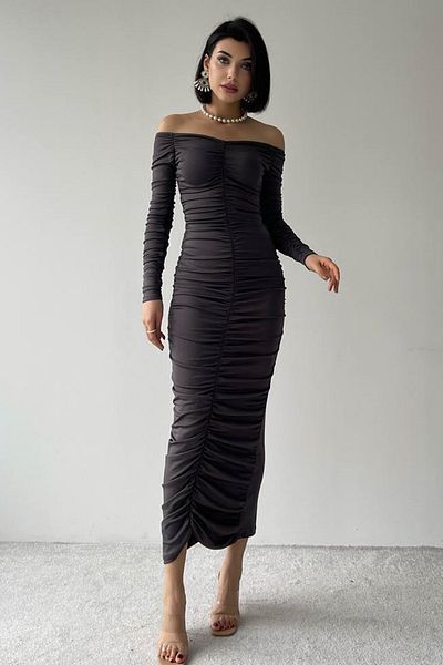 WOMAN VISION Βραδινό μίντι φόρεμα Smoked Sandy Fabric - Στράπλες λαιμόκοψη και λεπτομέρεια 338