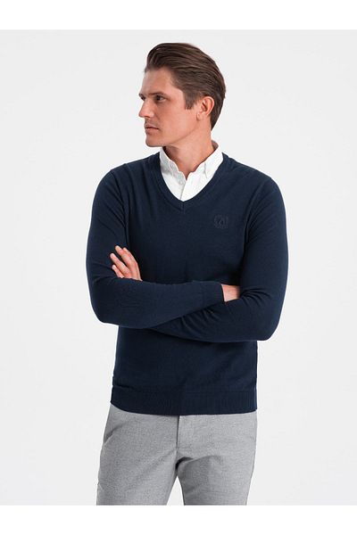 OMBRE Herrenpullover mit V-Ausschnitt und Hemdkragen - Marineblau V2 OM-SWSW-0102 XL