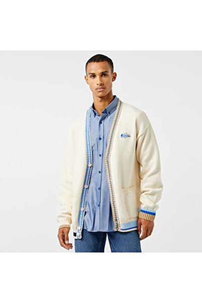 Lacoste Erkek Loose Fit V Yaka Renk Bloklu Krem Hırka