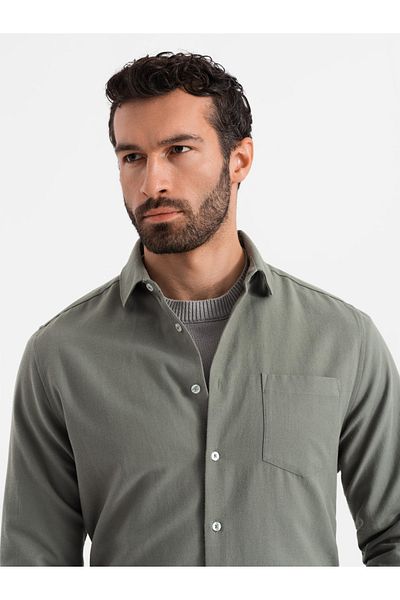 OMBRE Ανδρικό πουκάμισο REGULAR FIT με τσέπη - χακί V4 OM-SHCS-0148 M