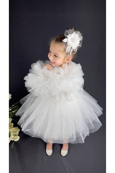 Buse&Eylül Bebe Βραδινό φόρεμα για κορίτσια με λευκά μανίκια Pompom