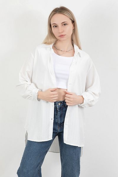 GİYSA Cămașă de damă cu mânecă lungă în dungi albă - 25564