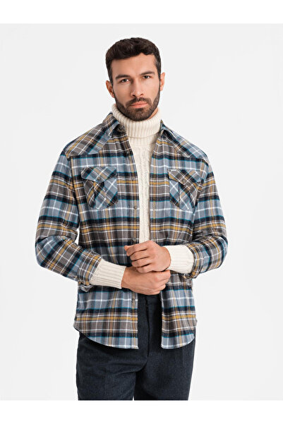 OMBRE Pánská kostkovaná flanelová košile s kapsami - šedožlutá V1 OM-SHCS-0149 XXL