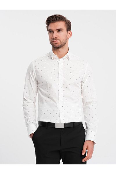 OMBRE Klassisches Herrenhemd aus Baumwolle SLIM FIT mit Ankern - weiß V3 OM-SHCS-0156 L