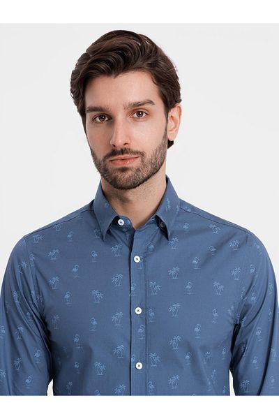 OMBRE Klassisches Herrenhemd SLIM FIT aus Baumwolle mit Palmen - dunkelblau V5 OM-SHCS-0156 M