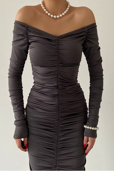 bayansepeti Rochie de seară midi, cu decolteu fără bretele, din țesătură flexibilă, afumată, nisip, 338