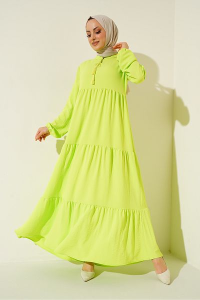 Bigdart 1627 Hijab-Kleid mit Kragen und Schnürung - Sehr Grün