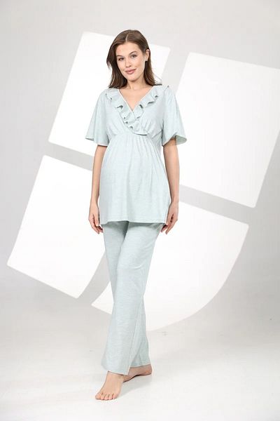 LOHOUSE Set de pijamale din 3 piese din bumbac cu două piepturi Blue Melange - Rochie de maternitate pentru maternitate