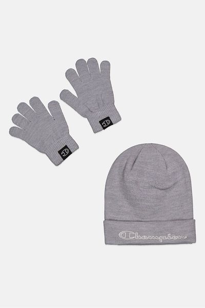 Champion Men 2 Pieces Brand Logo Beanie And Gloves Set, Grey