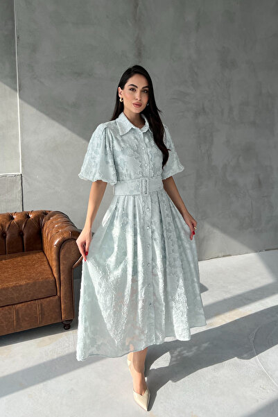 Seda Yalçın Atelier Blue Venyl Balloon Sleeve Flared Dress with Belt
