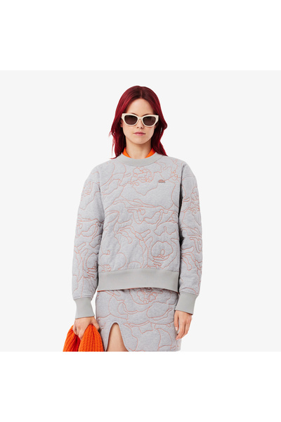 Lacoste Kadın Oversize Fit Bisiklet Yaka Çift Taraflı Desenli Gri Sweatshirt