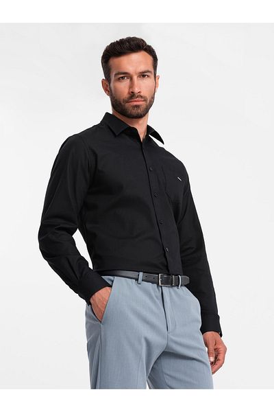 OMBRE Herren Baumwollhemd mit Tasche REGULAR FIT - schwarz V1 OM-SHCS-0147 L