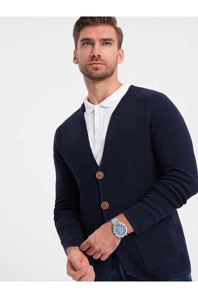 OMBRE Strukturierter Herren-Cardigan mit Taschen - Marineblau V3 OM-SWCD-0109 S