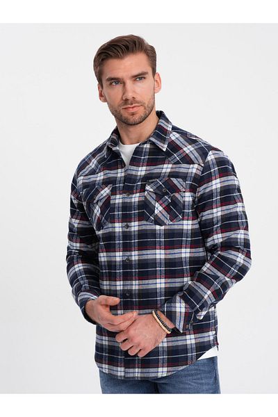 OMBRE Men's checkered flannel shirt with pockets - navy blue and red V2 OM-SHCS-0149 XXL