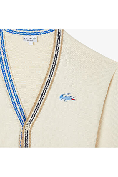 Lacoste Erkek Loose Fit V Yaka Renk Bloklu Krem Hırka