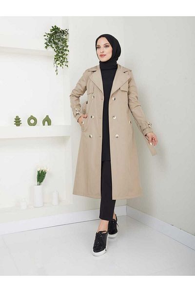 ELBİSHE Waist Tie Sleeve Detailed Hijab Trench Coat