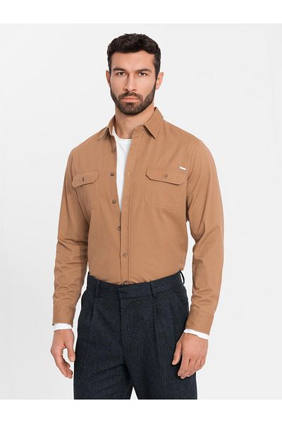 OMBRE Ανδρικό βαμβακερό πουκάμισο REGULAR FIT με τσέπες με κουμπιά - camel V2 OM-SHCS-0146 L