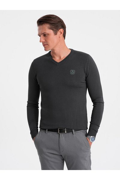 OMBRE Elegantní pánský svetr se srdíčkovým výstřihem - grafit V17 OM-SWBS-0107 M