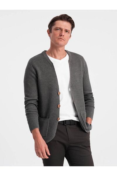 OMBRE Strukturierter Herren-Cardigan mit Taschen - Graphit Melange V2 OM-SWCD-0109 M