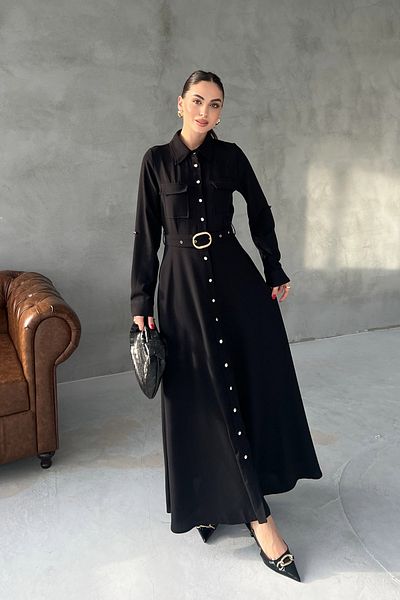 Seda Yalçın Atelier Black Belt Button Detail Long Dress