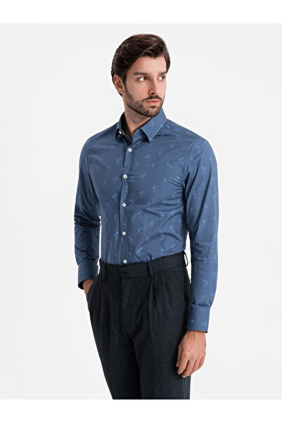 OMBRE Classic men's cotton SLIM FIT shirt in palm trees - dark blue V5 OM-SHCS-0156 XXL