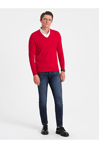 OMBRE Men's sweater with a "v-neck" neckline with a shirt collar - red V4 OM-SWSW-0102 M