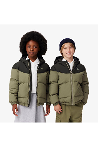 Lacoste Çocuk Kapüşonlu Renk Bloklu Haki Mont