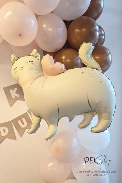 PEKSHOP Gold Detaylı Retro Kedi Folyo Balon Ayaklı Retro Beyaz