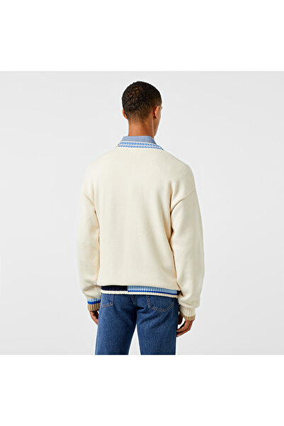 Lacoste Erkek Loose Fit V Yaka Renk Bloklu Krem Hırka
