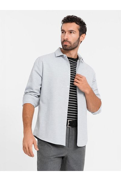 OMBRE Pánská košile s kapsou REGULAR FIT - světle šedá melanž V2 OM-SHCS-0148 M