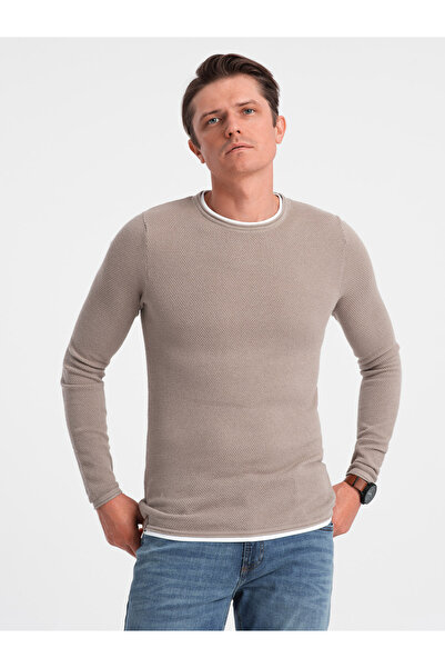 OMBRE Men's cotton sweater with round neckline - cold beige V9 OM-SWSW-0103 S