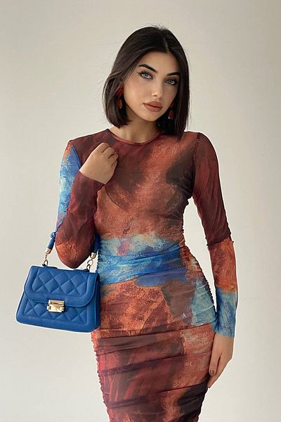 barış sülün lovebox Women's Lined Digital Printed Tie-Dye Pattern Tulle Fabric Midi Dress 340