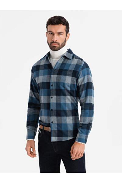 OMBRE Cămașă de flanel în carouri pentru bărbați - albastru V4 OM-SHCS-0150 S