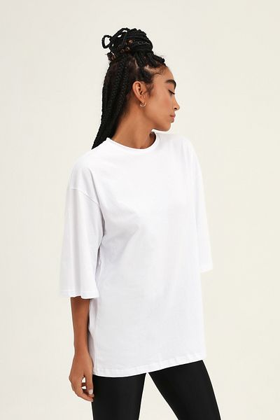 Quzu Tricou de bază oversize cu mâneci trei sferturi alb