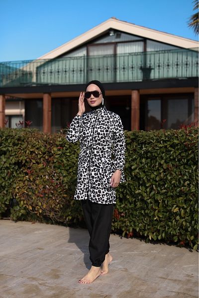 dilber fashion Leopard Pattern Hijab Swimsuit with Bone and Bag Gift, Elastic Waist and Zipper