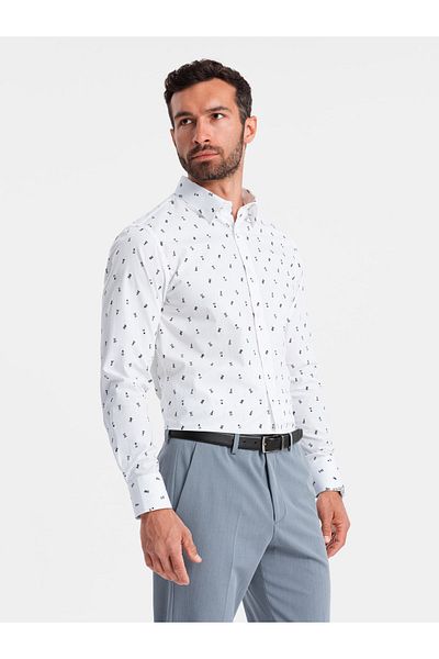 OMBRE Herren SLIM FIT gemustertes Baumwollhemd - weiß V2 OM-SHCS-0151 M