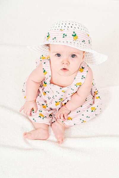 Chicsy Baby Tatlı Limon Desenli Şapkalı Fiyonklu Kız Bebek Elbisesi
