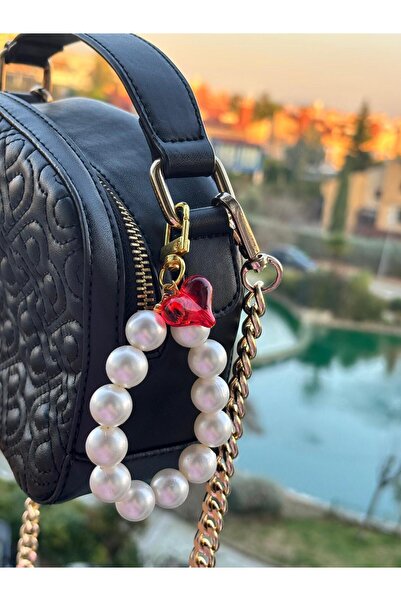 PEONY peonyofficiall Kırmızı Kalp İncili Çanta Aksesuarı Cüzdan Süsü Çanta Süsü Charm Anahtarlık