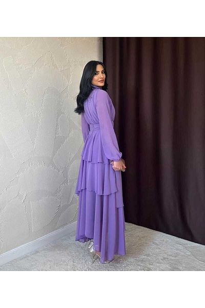 MODA DURAĞI Lilac Chiffon Floor Skirt Tulle Sleeves Pleated Dress