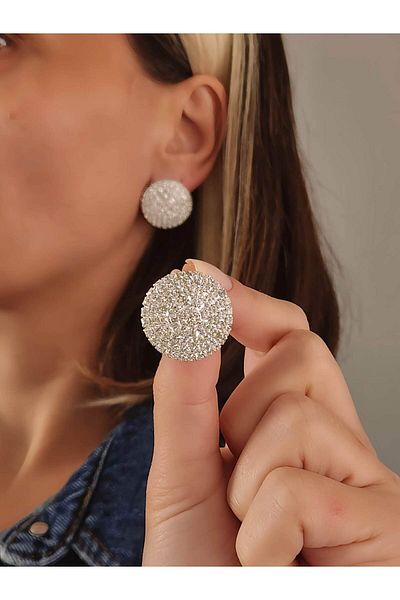 Eva Takı Store Round Model Evening Dress Silver Colored Earrings