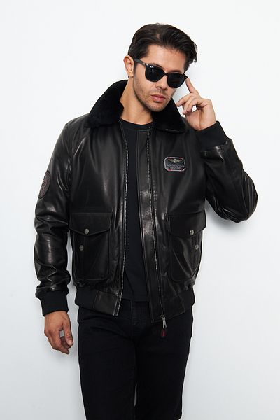 By Marki Marki Maverick Black Genuine Leather Jacket with Shearling Collar and Zipper Detail, 1St. Class Quality - 502322