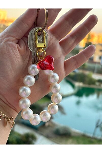 PEONY peonyofficiall Kırmızı Kalp İncili Çanta Aksesuarı Cüzdan Süsü Çanta Süsü Charm Anahtarlık