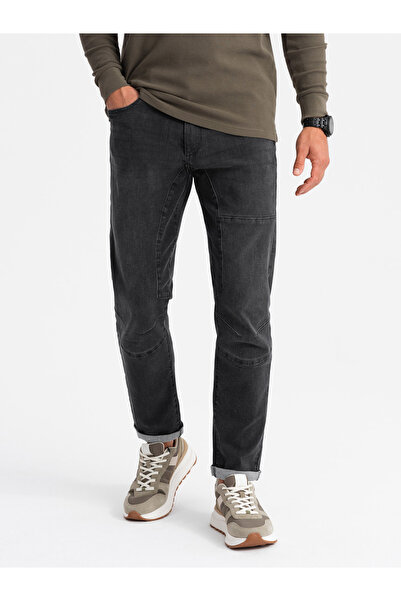 OMBRE Men's TAPER FIT denim pants with stitching and rolled up legs - black V3 OM-PADP-0161 S